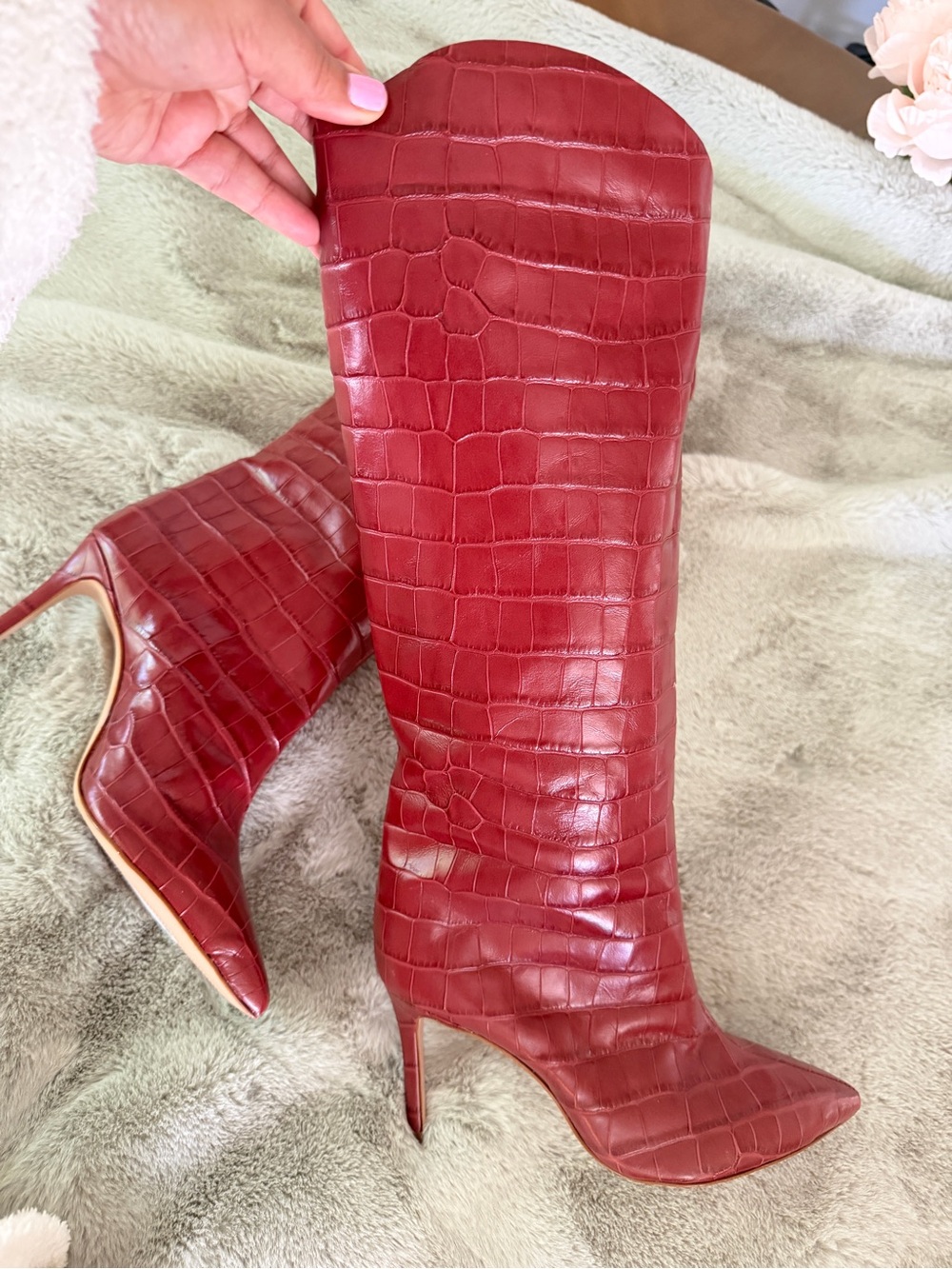 SCHUTZ Red Croc-Embossed Knee-High Stiletto Boots - Picture 2 of 3